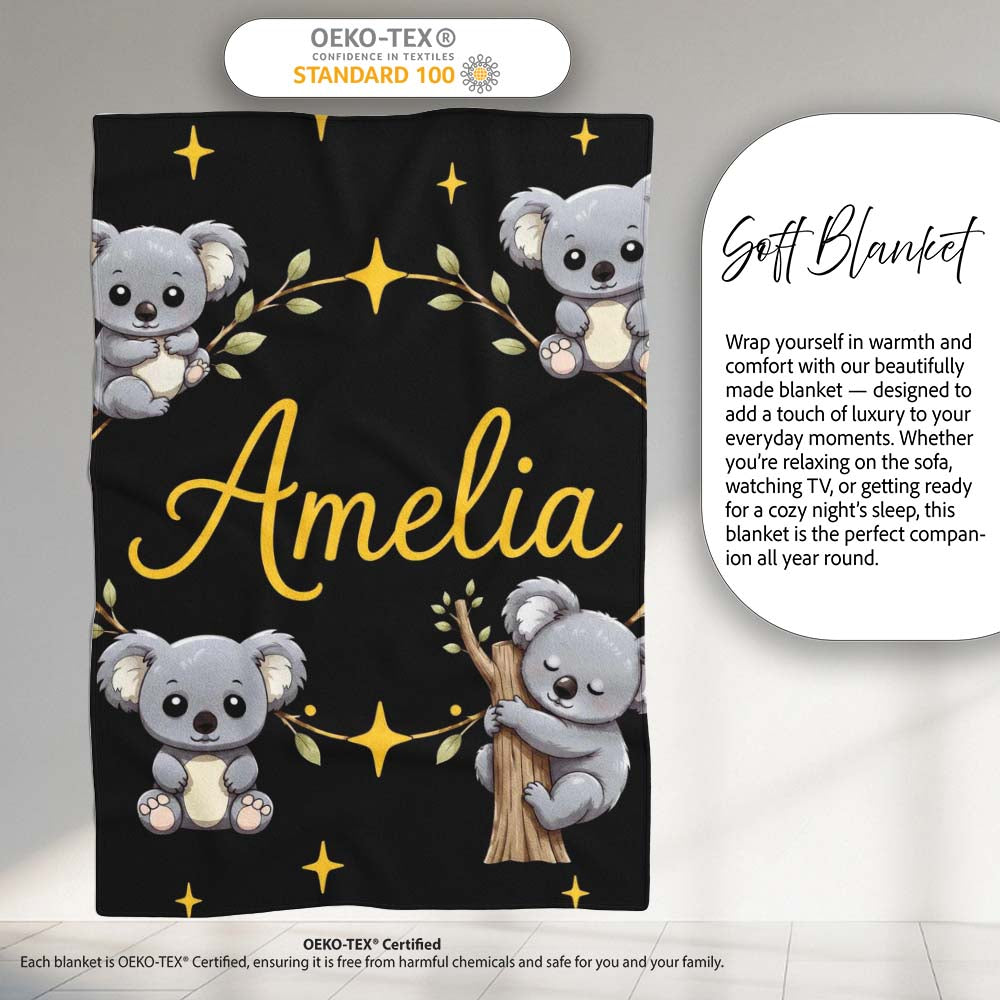 Cute Cartoon Koala Bears with Yellow Stars on Black Background  Personalised Custom Name Super Soft Fleece Blanket Bed Sofa Throw