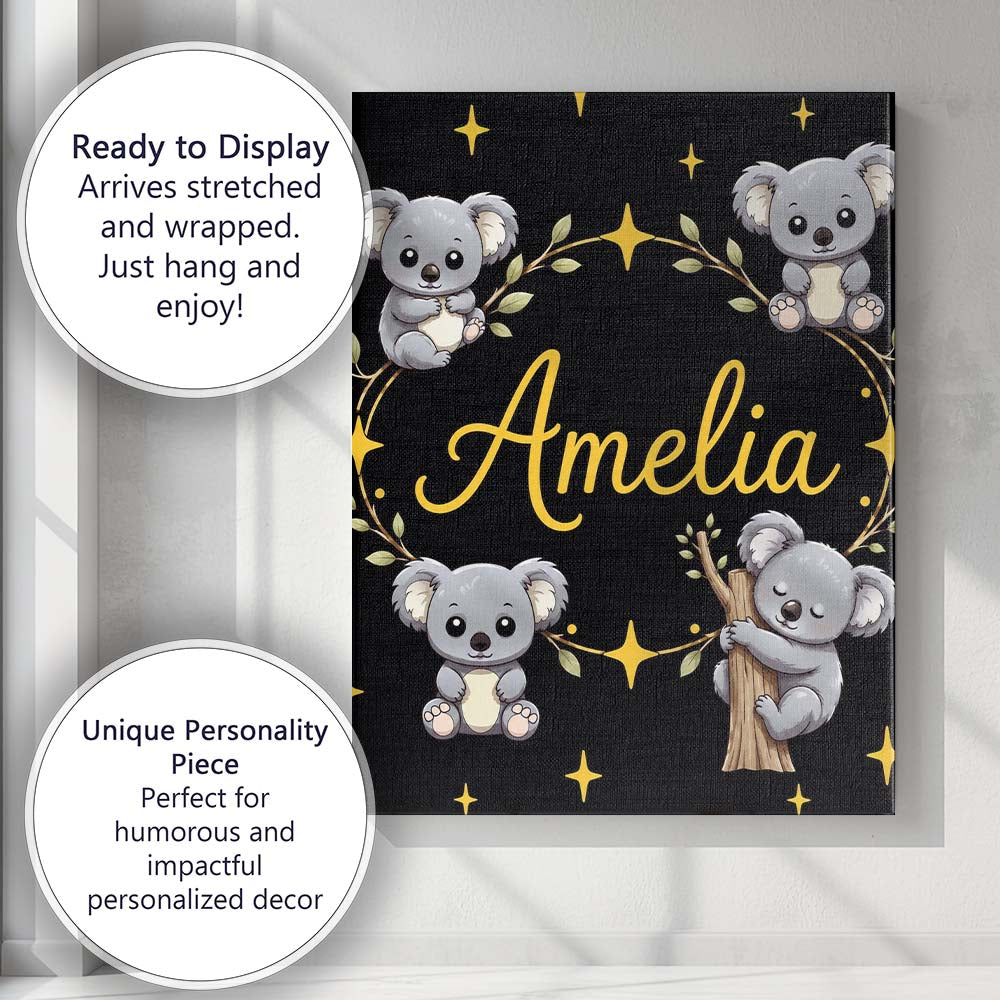 Personalised Name Cute Cartoon Koala Bears Custom  Unique Gift Idea Elegant Feature Canvas Wall Art Print Decor Picture Ready to Hang