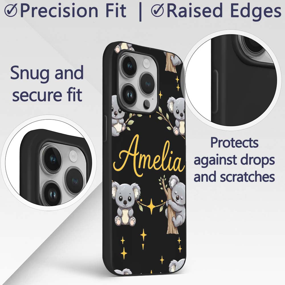 Cute Cartoon Koala Bears with Yellow Stars on Custom Name Protective Phone Case Mobile Cover Durable Everyday Smartphone Shock Resistant