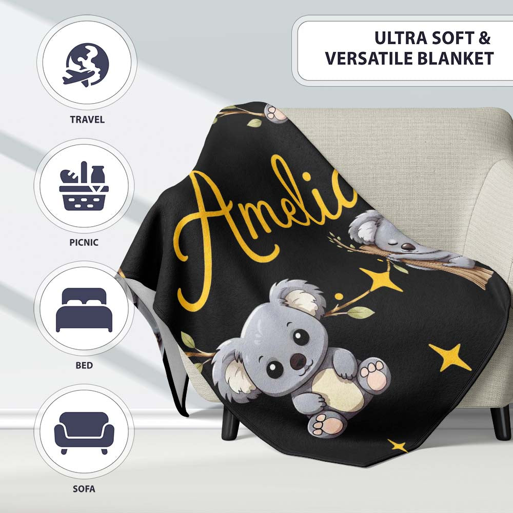 Cute Cartoon Koala Bears with Yellow Stars on Black Background  Personalised Custom Name Super Soft Fleece Blanket Bed Sofa Throw