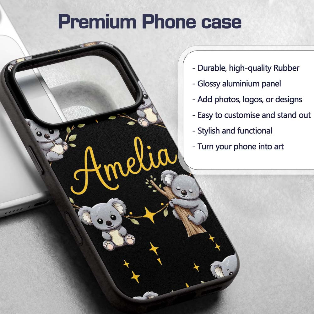 Cute Cartoon Koala Bears with Yellow Stars on Custom Name Protective Phone Case Mobile Cover Durable Everyday Smartphone Shock Resistant
