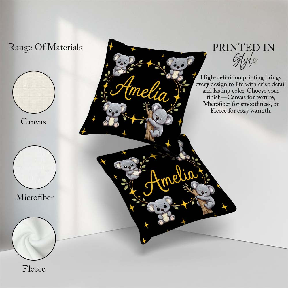 Custom Name Cute Cartoon Koala Bears with Yellow Stars on Black Square Filled Cushion Throw Pillow Sofa Bed Home Decor Zip Washable UK Made