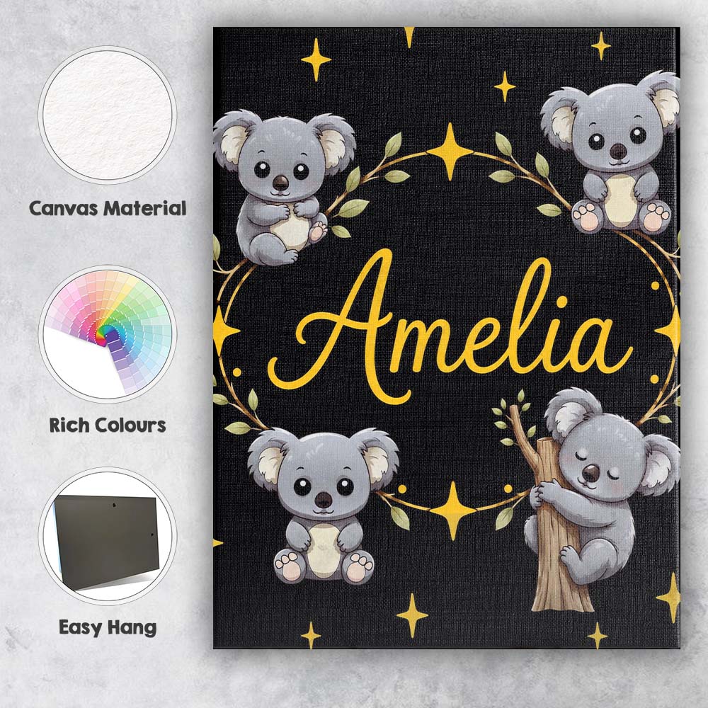 Personalised Name Cute Cartoon Koala Bears Custom  Unique Gift Idea Elegant Feature Canvas Wall Art Print Decor Picture Ready to Hang