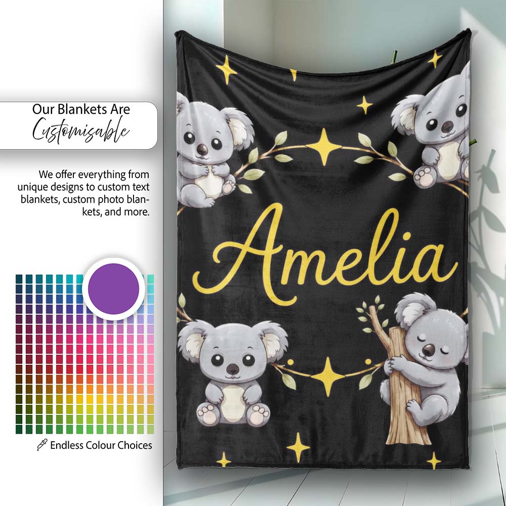 Cute Cartoon Koala Bears with Yellow Stars on Black Background  Personalised Custom Name Super Soft Fleece Blanket Bed Sofa Throw