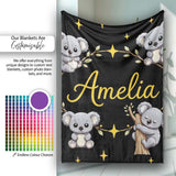Cute Cartoon Koala Bears with Yellow Stars on Black Background  Personalised Custom Name Super Soft Fleece Blanket Bed Sofa Throw