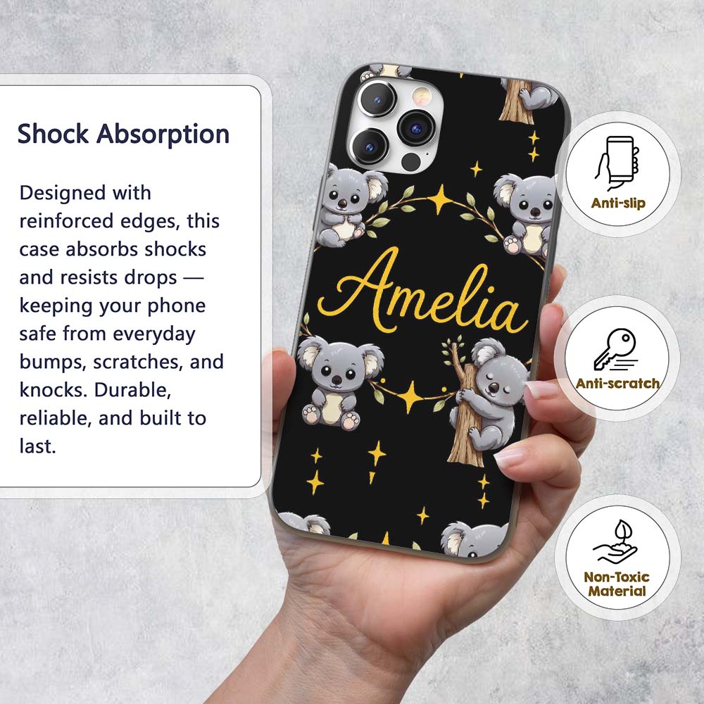 Cute Cartoon Koala Bears with Yellow Stars on Custom Name Protective Phone Case Mobile Cover Durable Everyday Smartphone Shock Resistant