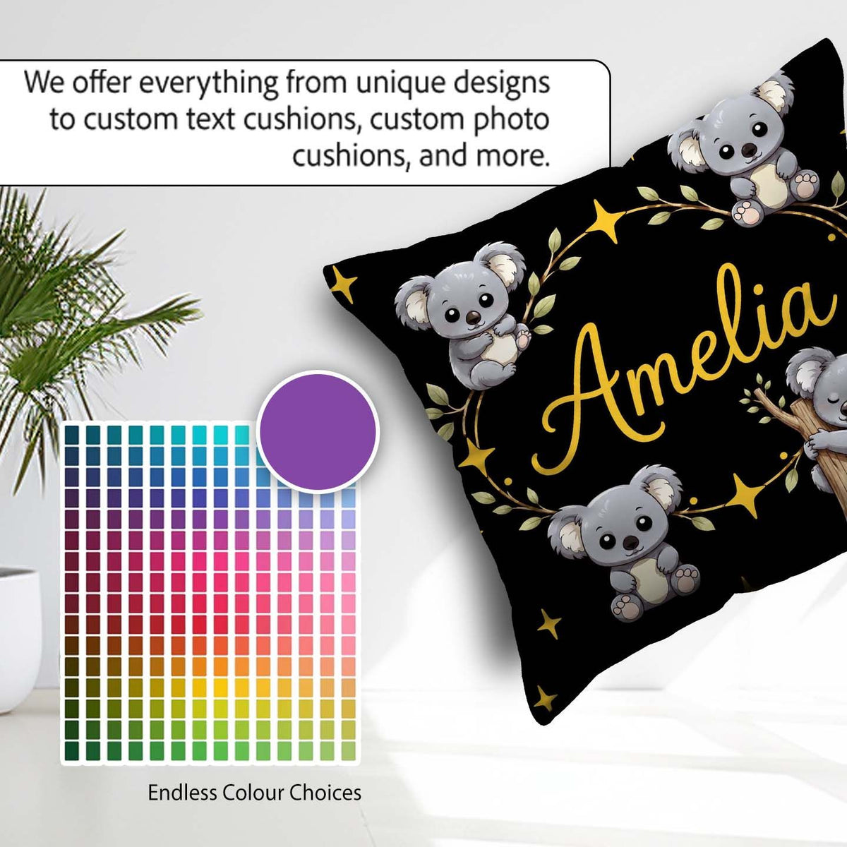 Custom Name Cute Cartoon Koala Bears with Yellow Stars on Black Square Filled Cushion Throw Pillow Sofa Bed Home Decor Zip Washable UK Made