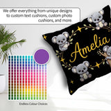 Custom Name Cute Cartoon Koala Bears with Yellow Stars on Black Square Filled Cushion Throw Pillow Sofa Bed Home Decor Zip Washable UK Made