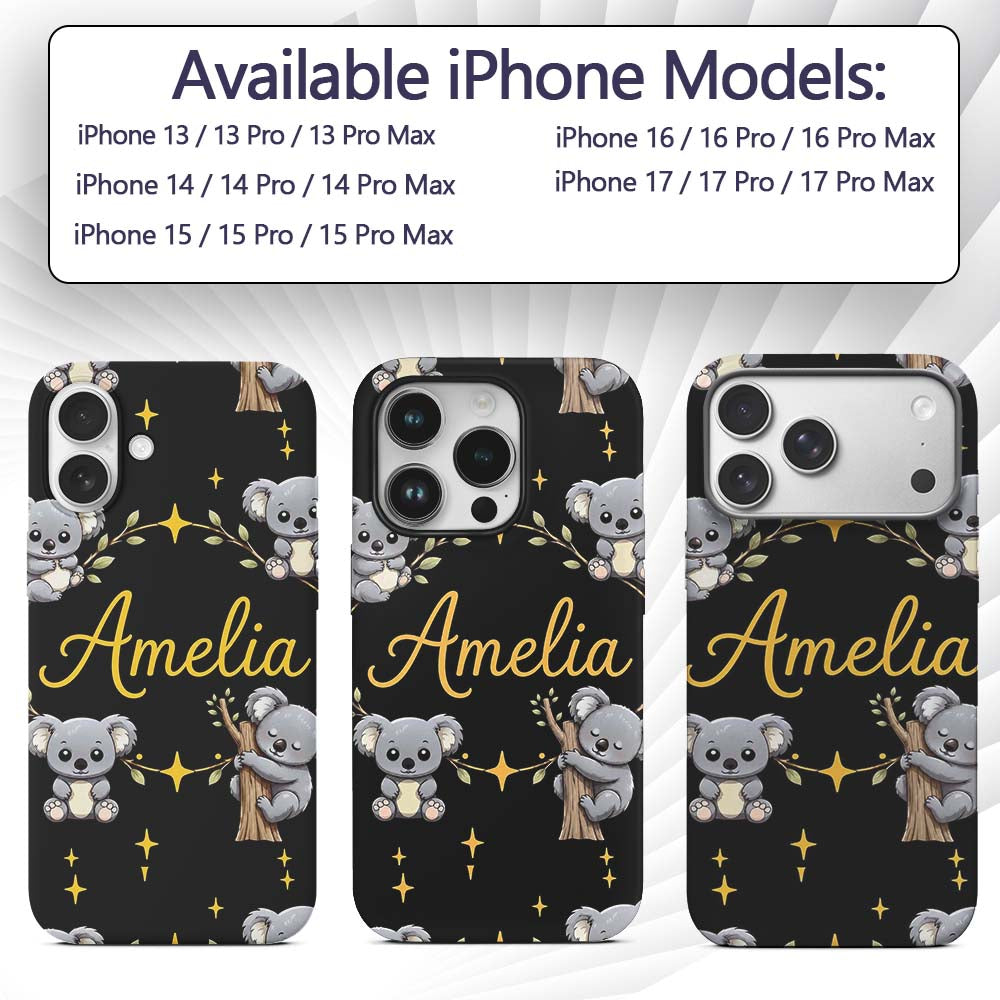 Cute Cartoon Koala Bears with Yellow Stars on Custom Name Protective Phone Case Mobile Cover Durable Everyday Smartphone Shock Resistant