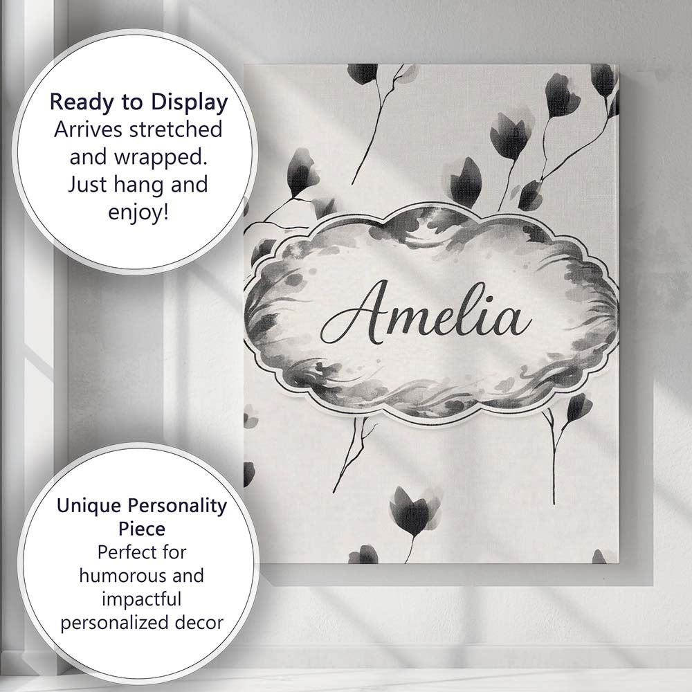 Personalised Name Minimal Floral Stems Black Cream Soft Botanical Custom  Bespoke Canvas Wall Art Print Decor Picture Ready to Hang