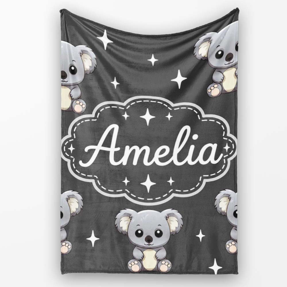 Cute Cartoon Koala Bears with White Stars on Dark Grey Background  Personalised Custom Name Super Soft Fleece Blanket Bed Sofa Throw