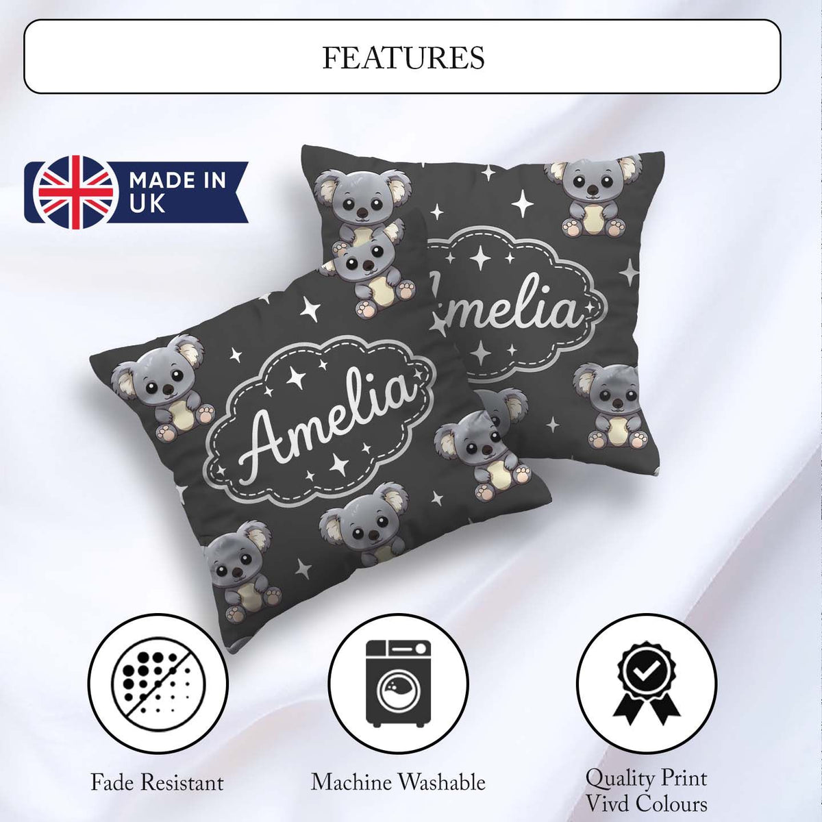 Custom Name Koala Bears with White Stars on Dark Grey Background Square Filled Cushion Throw Pillow Sofa Bed Home Decor Zip Washable UK Made