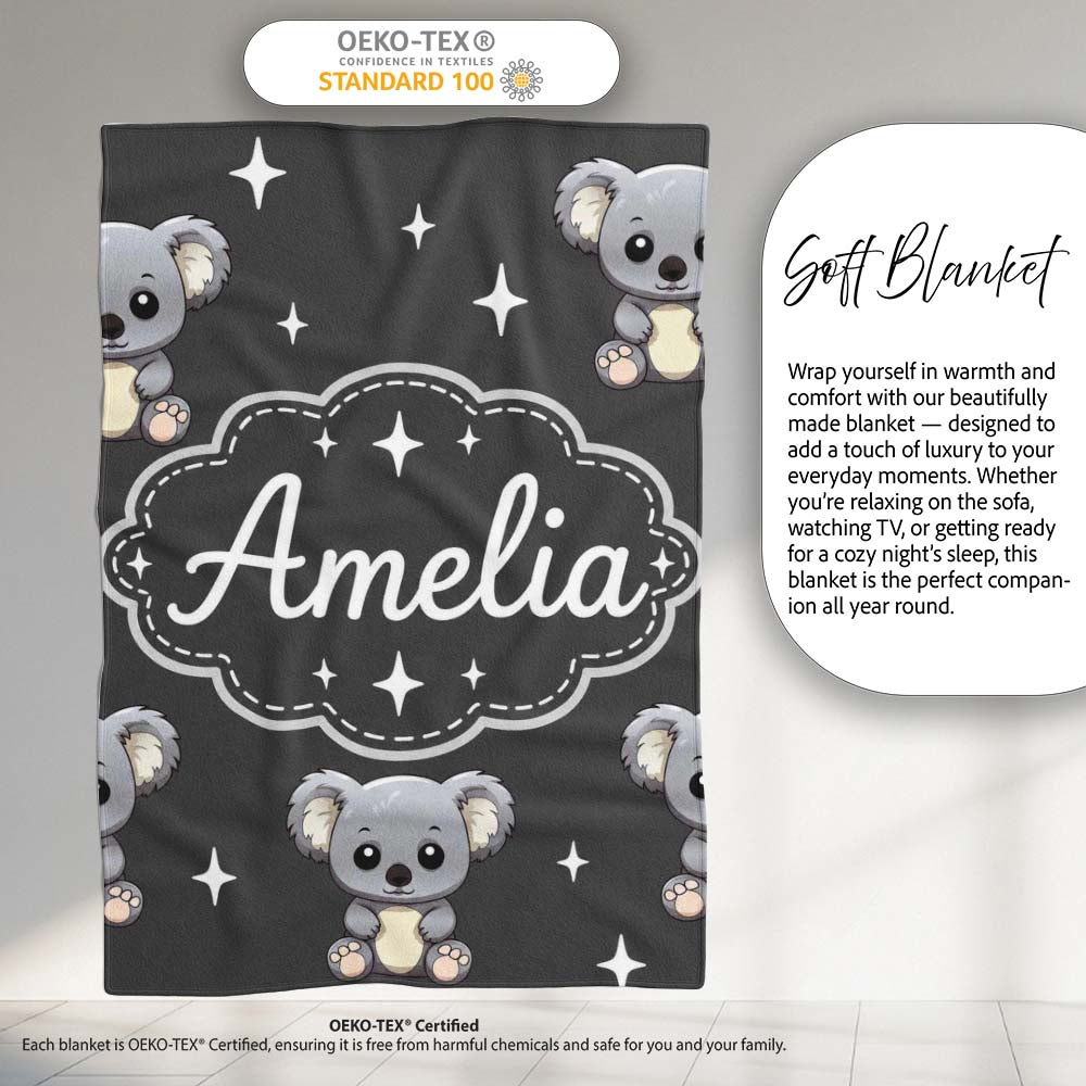 Cute Cartoon Koala Bears with White Stars on Dark Grey Background  Personalised Custom Name Super Soft Fleece Blanket Bed Sofa Throw