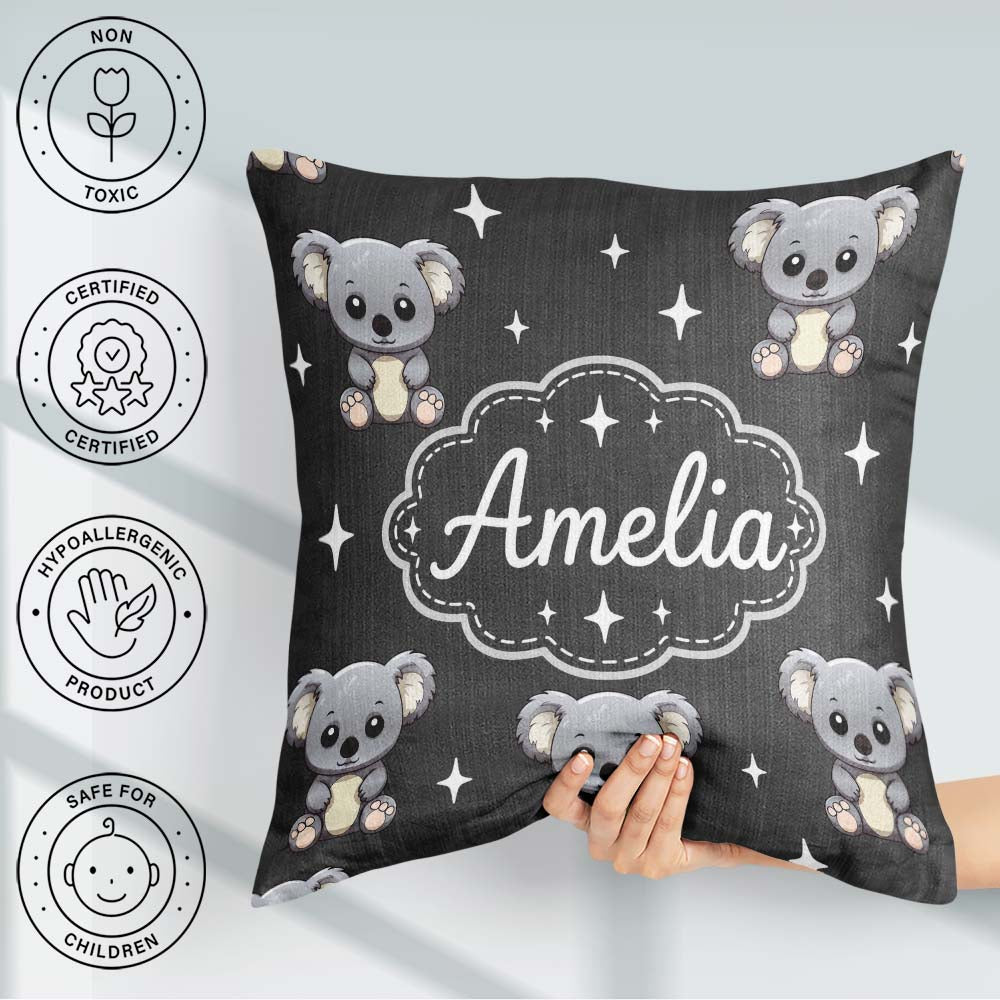 Custom Name Koala Bears with White Stars on Dark Grey Background Square Filled Cushion Throw Pillow Sofa Bed Home Decor Zip Washable UK Made