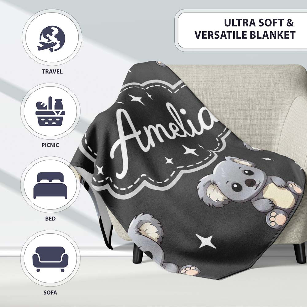 Cute Cartoon Koala Bears with White Stars on Dark Grey Background  Personalised Custom Name Super Soft Fleece Blanket Bed Sofa Throw