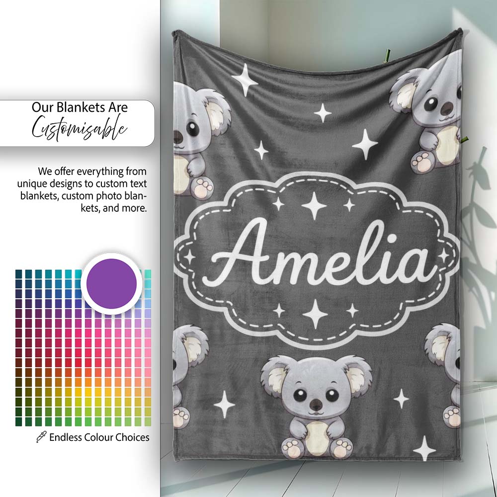 Cute Cartoon Koala Bears with White Stars on Dark Grey Background  Personalised Custom Name Super Soft Fleece Blanket Bed Sofa Throw