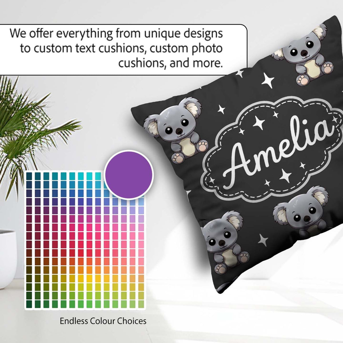 Custom Name Koala Bears with White Stars on Dark Grey Background Square Filled Cushion Throw Pillow Sofa Bed Home Decor Zip Washable UK Made