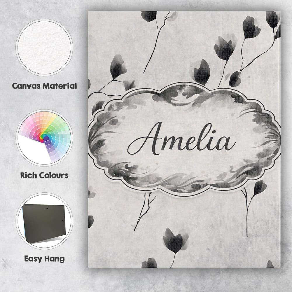 Personalised Name Minimal Floral Stems Black Cream Soft Botanical Custom  Bespoke Canvas Wall Art Print Decor Picture Ready to Hang