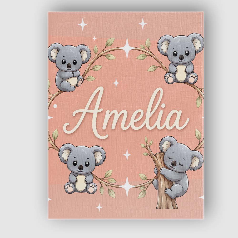 Personalised Name Cute Cartoon Koala Bears Custom  Unique Gift Idea Elegant Feature Canvas Wall Art Print Decor Picture Ready to Hang