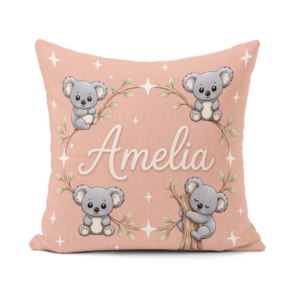 Custom Name Cute Cartoon Koala Bears with White Stars on Peach Square Filled Cushion Throw Pillow Sofa Bed Home Decor Zip Washable UK Made