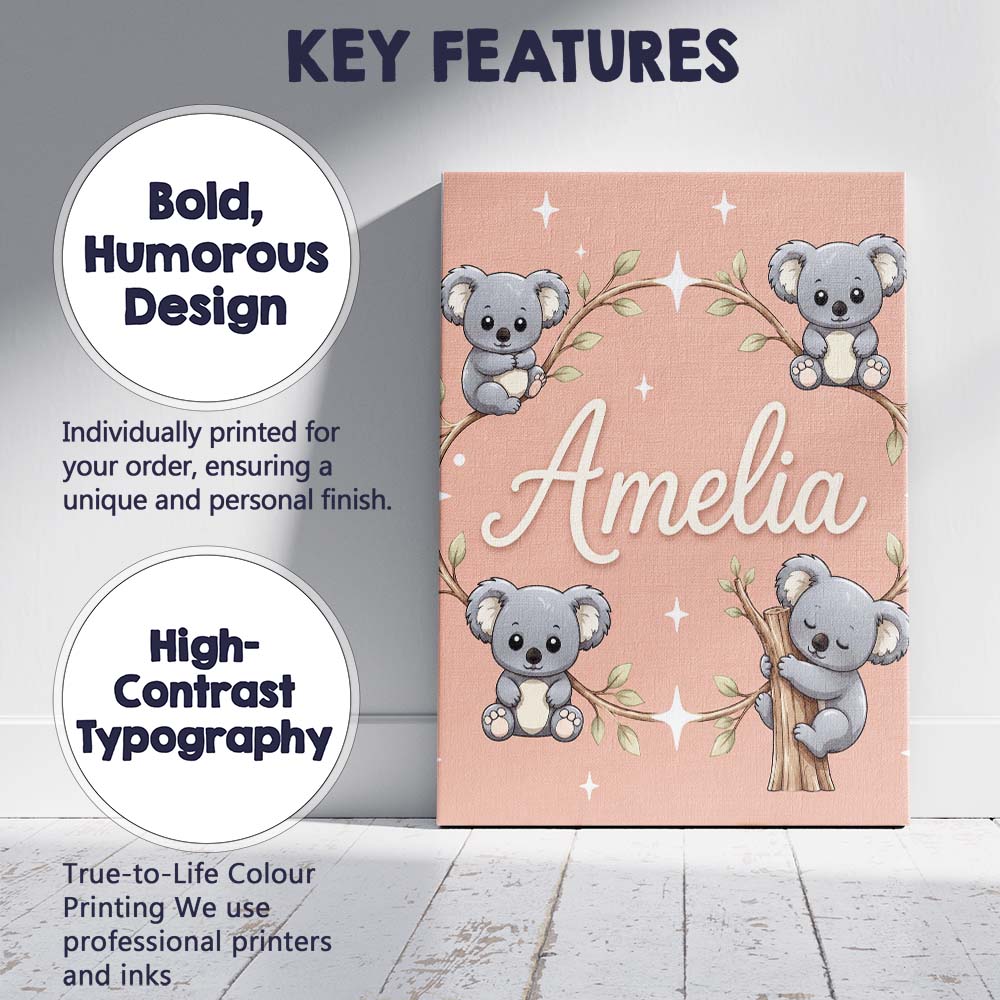 Personalised Name Cute Cartoon Koala Bears Custom  Unique Gift Idea Elegant Feature Canvas Wall Art Print Decor Picture Ready to Hang