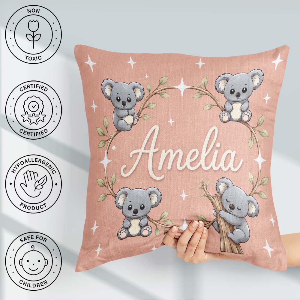 Custom Name Cute Cartoon Koala Bears with White Stars on Peach Square Filled Cushion Throw Pillow Sofa Bed Home Decor Zip Washable UK Made