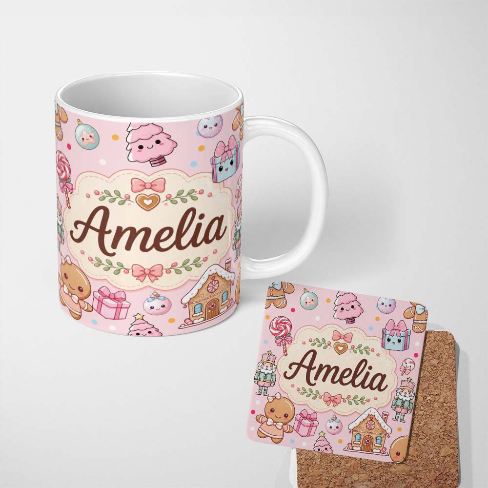 Personalized Custom Name Cute Christmas Gingerbread Candy Gift House Seamless Pattern Pink 11oz Ceramic Coffee Tea Mug White Large Handle