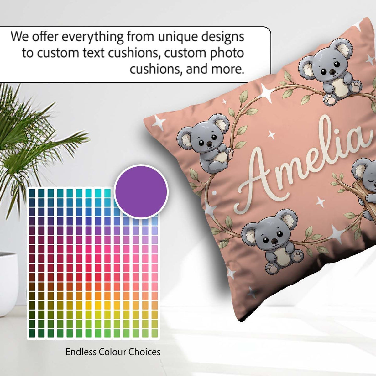 Custom Name Cute Cartoon Koala Bears with White Stars on Peach Square Filled Cushion Throw Pillow Sofa Bed Home Decor Zip Washable UK Made