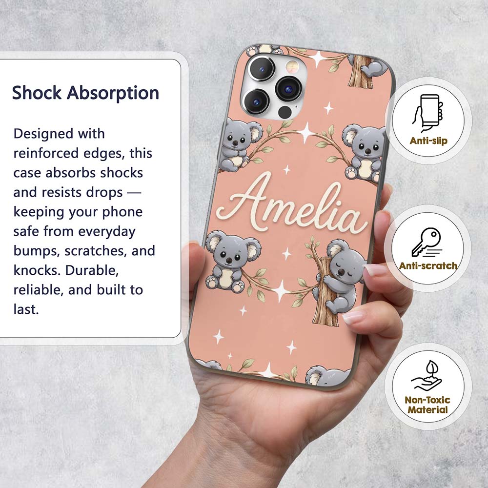 Cute Cartoon Koala Bears with White Stars on Custom Name Protective Phone Case Mobile Cover Durable Everyday Smartphone Shock Resistant
