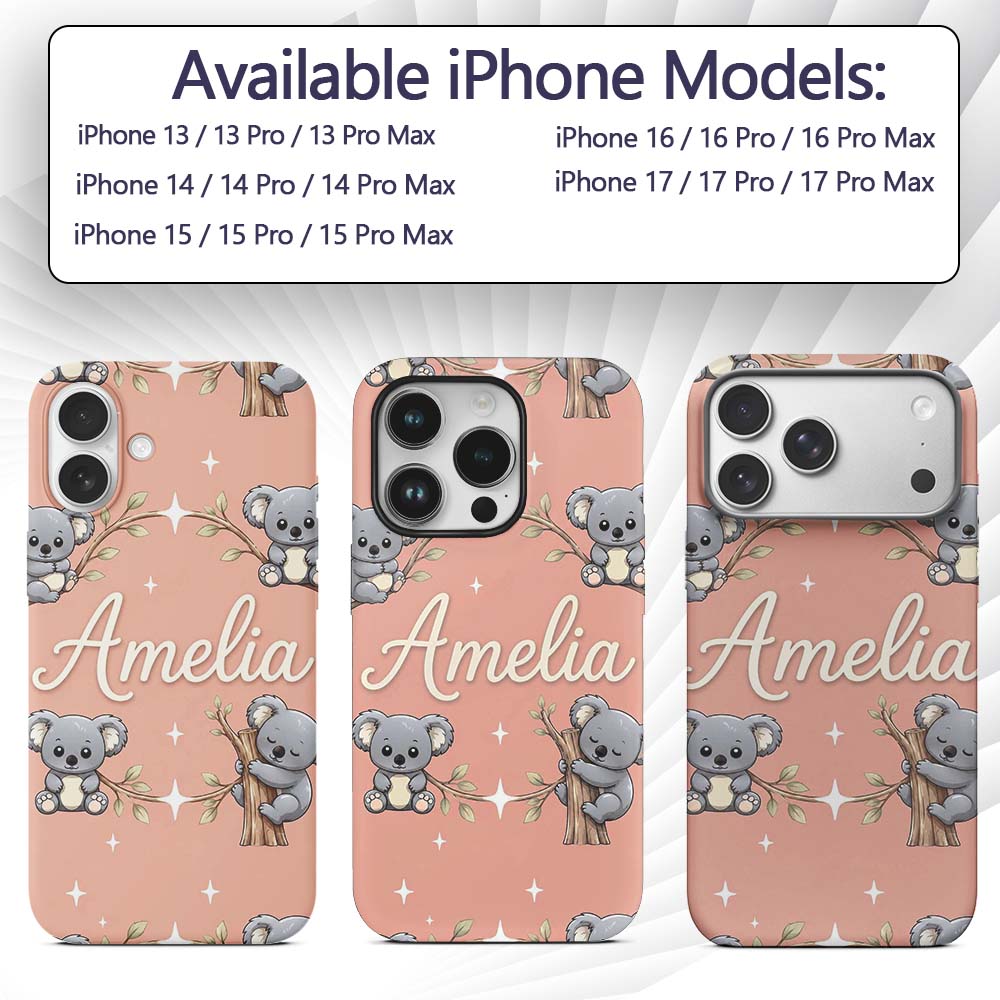 Cute Cartoon Koala Bears with White Stars on Custom Name Protective Phone Case Mobile Cover Durable Everyday Smartphone Shock Resistant