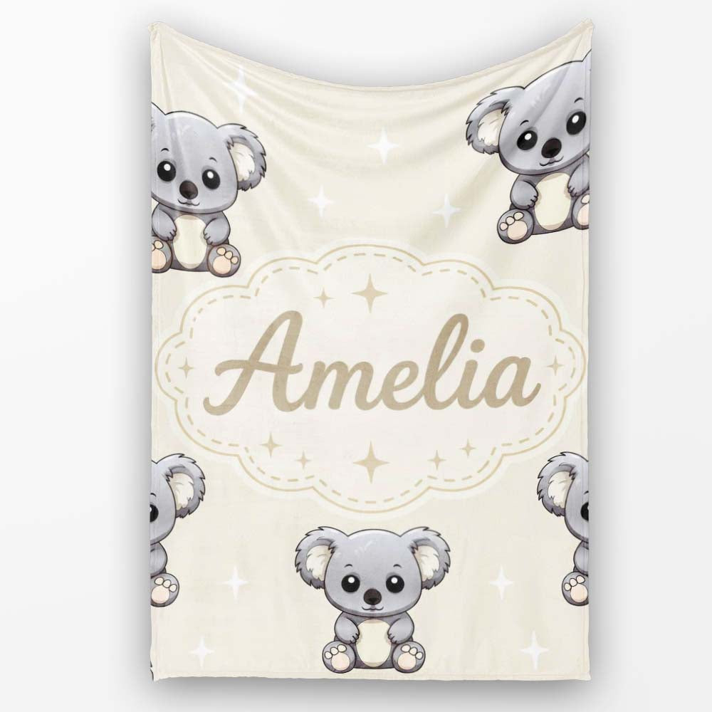 Cute Cartoon Koala Bears with White Stars on Light Beige Background  Personalised Custom Name Super Soft Fleece Blanket Bed Sofa Throw