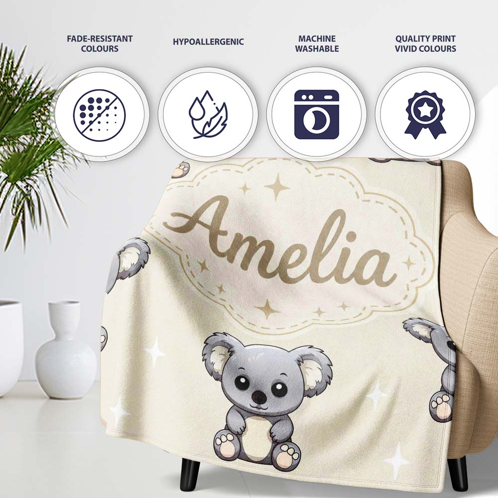 Cute Cartoon Koala Bears with White Stars on Light Beige Background  Personalised Custom Name Super Soft Fleece Blanket Bed Sofa Throw