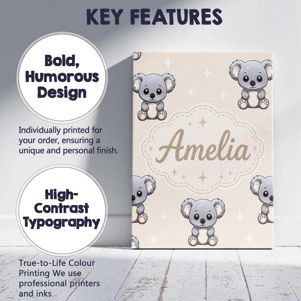 Personalised Name Cute Cartoon Koala Bears Custom  Unique Gift Idea Elegant Feature Canvas Wall Art Print Decor Picture Ready to Hang