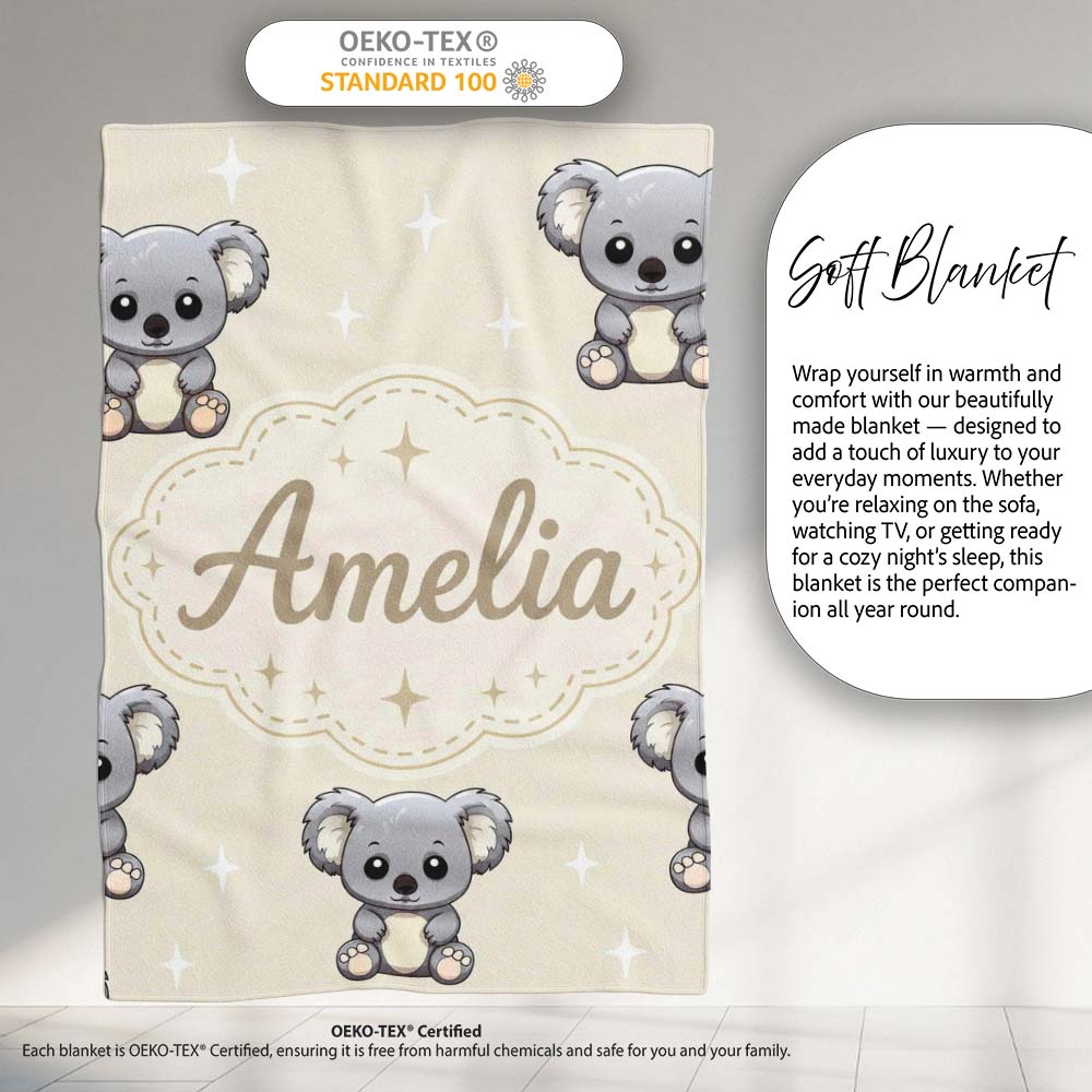 Cute Cartoon Koala Bears with White Stars on Light Beige Background  Personalised Custom Name Super Soft Fleece Blanket Bed Sofa Throw