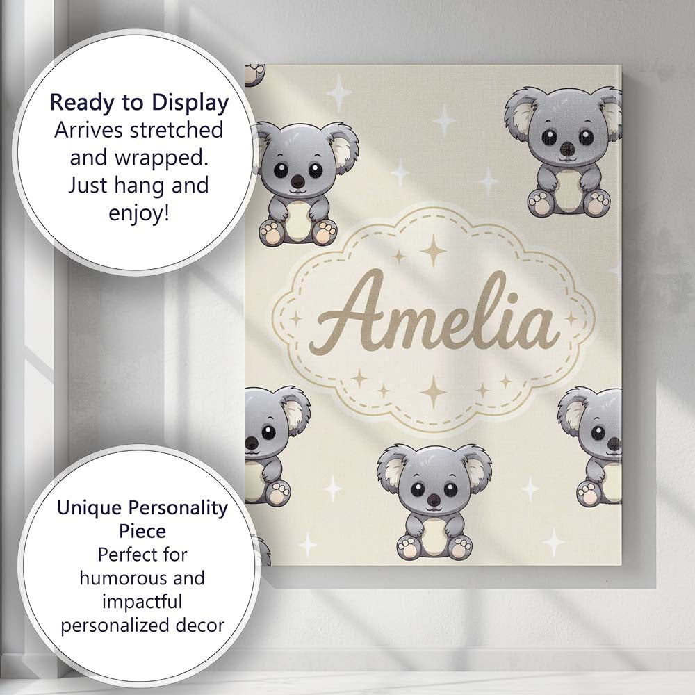 Personalised Name Cute Cartoon Koala Bears Custom  Unique Gift Idea Elegant Feature Canvas Wall Art Print Decor Picture Ready to Hang