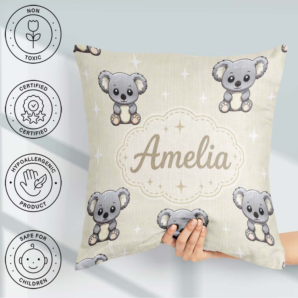 Custom Name Cartoon Koala Bears with White Stars on Light Beige Square Filled Cushion Throw Pillow Sofa Bed Home Decor Zip Washable UK Made