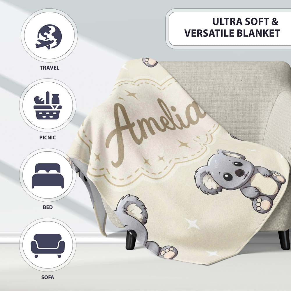 Cute Cartoon Koala Bears with White Stars on Light Beige Background  Personalised Custom Name Super Soft Fleece Blanket Bed Sofa Throw