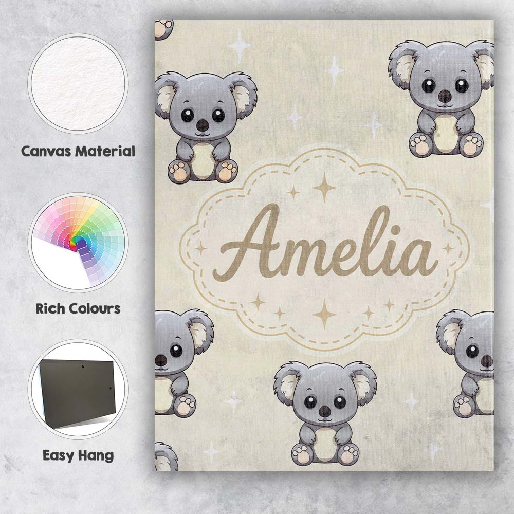 Personalised Name Cute Cartoon Koala Bears Custom  Unique Gift Idea Elegant Feature Canvas Wall Art Print Decor Picture Ready to Hang