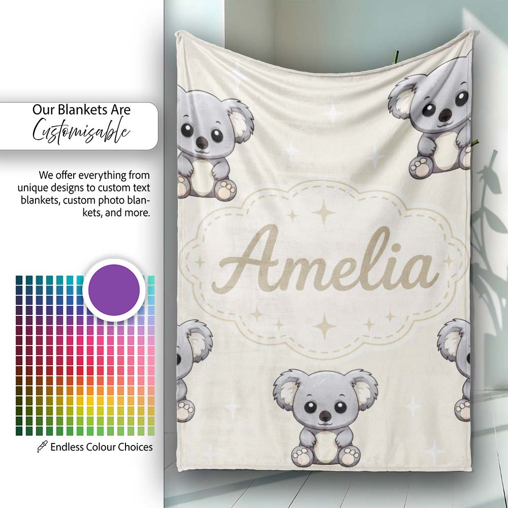 Cute Cartoon Koala Bears with White Stars on Light Beige Background  Personalised Custom Name Super Soft Fleece Blanket Bed Sofa Throw