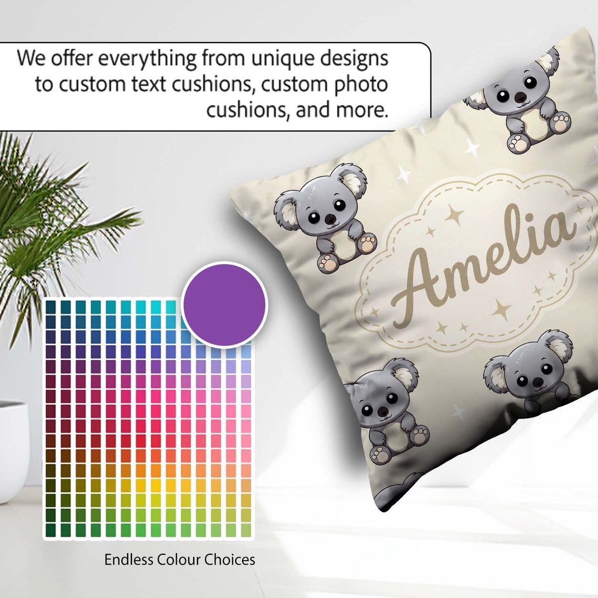 Custom Name Cartoon Koala Bears with White Stars on Light Beige Square Filled Cushion Throw Pillow Sofa Bed Home Decor Zip Washable UK Made