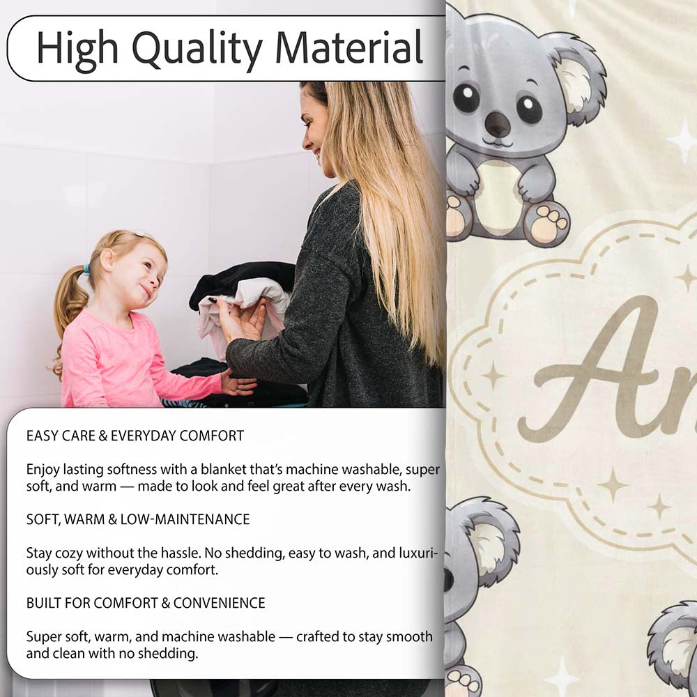 Cute Cartoon Koala Bears with White Stars on Light Beige Background  Personalised Custom Name Super Soft Fleece Blanket Bed Sofa Throw