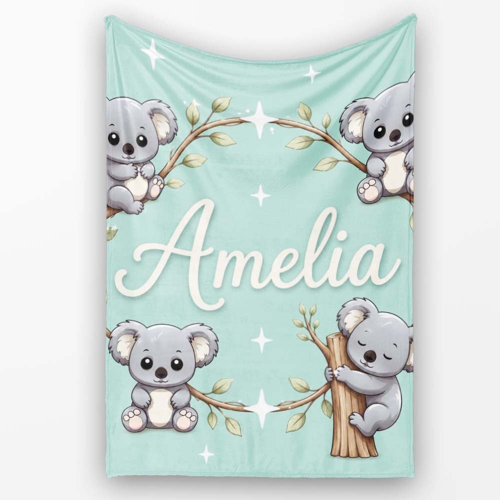 Cute Cartoon Koala Bears with White Stars on Mint Green Background  Personalised Custom Name Super Soft Fleece Blanket Bed Sofa Throw