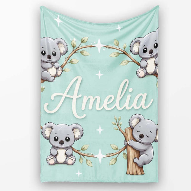 Cute Cartoon Koala Bears with White Stars on Mint Green Background  Personalised Custom Name Super Soft Fleece Blanket Bed Sofa Throw