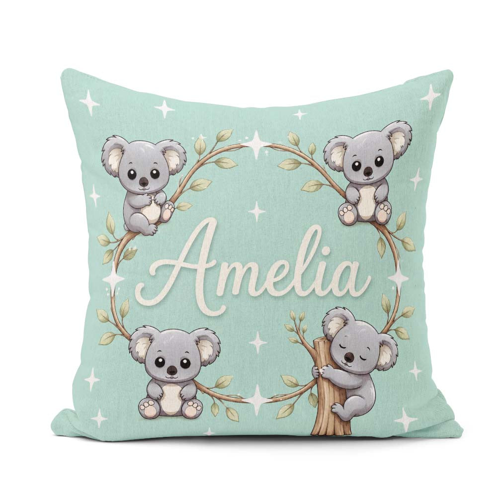 Custom Name Cartoon Koala Bears with White Stars on Mint Green Square Filled Cushion Throw Pillow Sofa Bed Home Decor Zip Washable UK Made