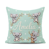 Custom Name Cartoon Koala Bears with White Stars on Mint Green Square Filled Cushion Throw Pillow Sofa Bed Home Decor Zip Washable UK Made