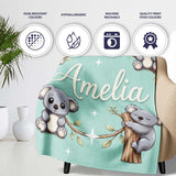 Cute Cartoon Koala Bears with White Stars on Mint Green Background  Personalised Custom Name Super Soft Fleece Blanket Bed Sofa Throw