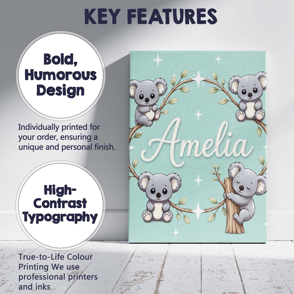 Personalised Name Cute Cartoon Koala Bears Custom  Unique Gift Idea Elegant Feature Canvas Wall Art Print Decor Picture Ready to Hang