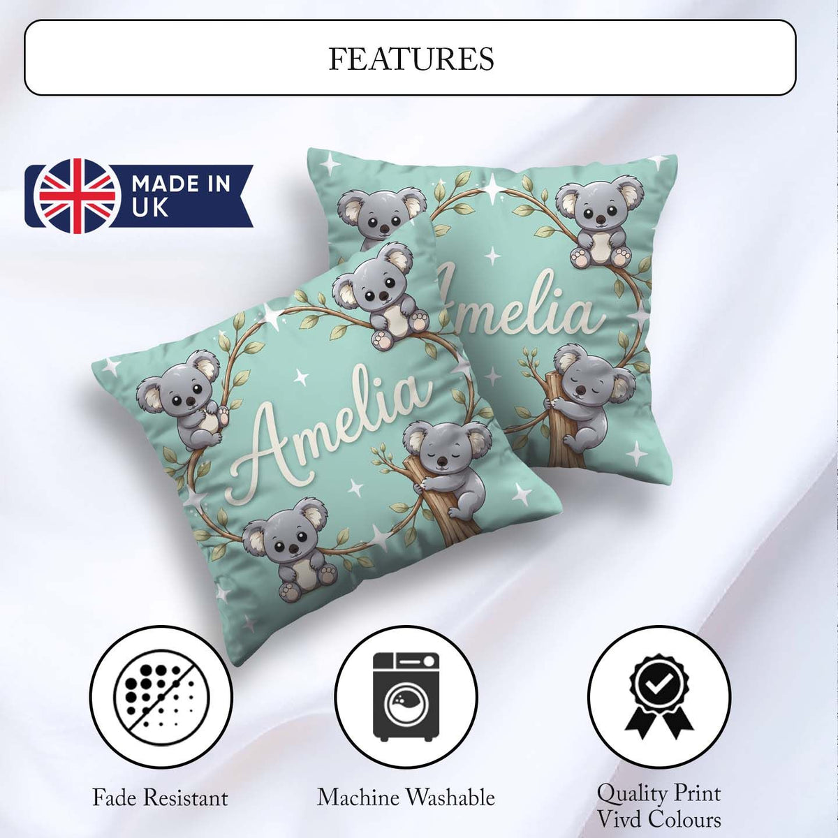 Custom Name Cartoon Koala Bears with White Stars on Mint Green Square Filled Cushion Throw Pillow Sofa Bed Home Decor Zip Washable UK Made