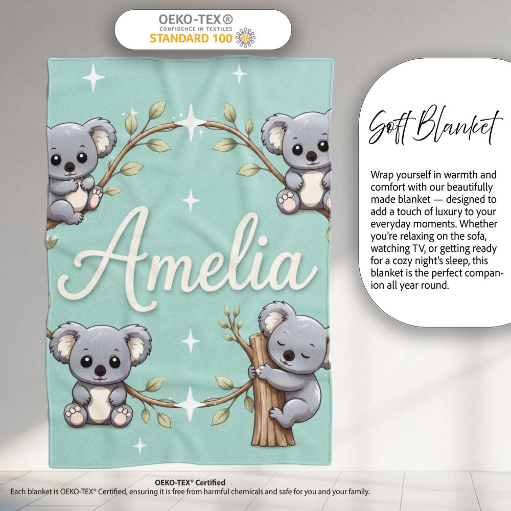 Cute Cartoon Koala Bears with White Stars on Mint Green Background  Personalised Custom Name Super Soft Fleece Blanket Bed Sofa Throw