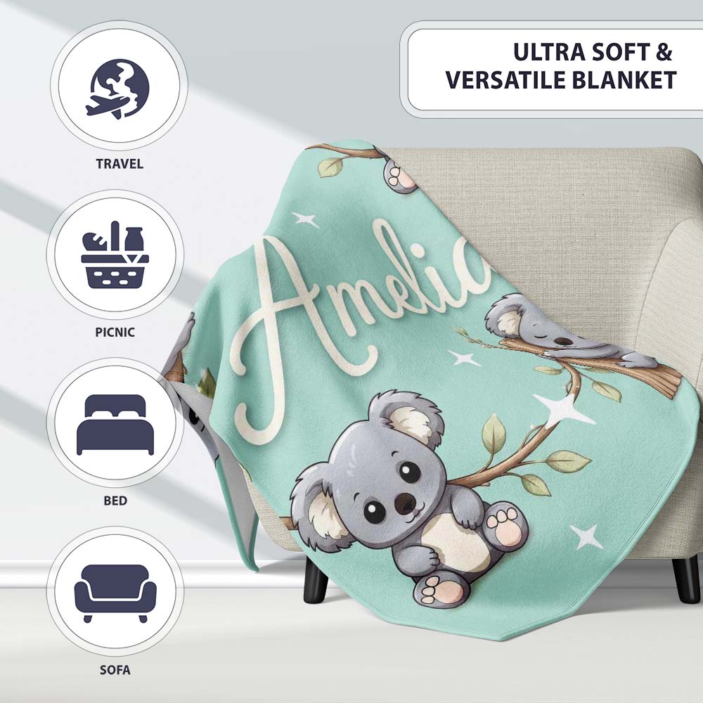 Cute Cartoon Koala Bears with White Stars on Mint Green Background  Personalised Custom Name Super Soft Fleece Blanket Bed Sofa Throw